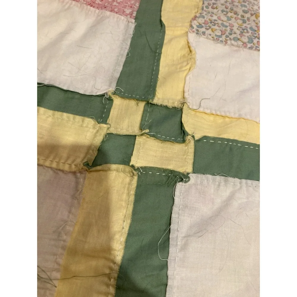 Vintage Hand Sewn Nine Patch Quilt Top Sashing And Cornerstones 70x81 Unfinished